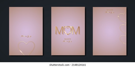 Happy Mothers day vector set greeting card. Gold Mom heart on pink background. Golden holiday poster with text. Concept for mother's day banner, flyer, party invitation, gift shop, vertical templates