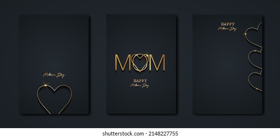 Happy Mothers day vector set tarjeta de saludo. Corazón de mamá de oro con fondo negro. Afiche de vacaciones doradas con texto. Concepto de banner del día de la madre, volante, invitación a fiesta, tienda de regalos, plantillas verticales