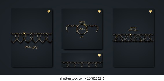 Happy Mothers day vector set greeting card. Gold Mom hearts on black background. Golden holiday poster with text. Concept for mother's day banner, flyer, party invitation, gift shop, templates