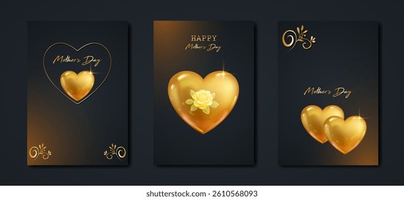 Happy Mothers day vector set greeting card. Glossy gold hearts, floral texture on black background. Luxury holiday poster concept for mother's day banner, flyer, party invitation, gift shop, templates