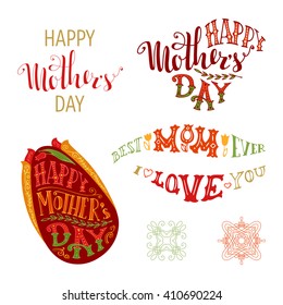 Happy Mother's Day Vector Set. Typographical design elements isolated on white background. Spring red tulip flower. Hand-drawn lettering. Happy Mother's Day! Best Mom ever. I love you.