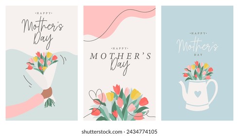 Happy Mother's Day vector social media template set. Greeting card with single line drawing, abstract shapes and tulips. Trendy floral background for stories, posts and streaming. Flat illustration