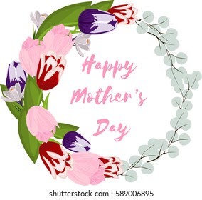 Happy mother's day vector, spring flowers and leafs in circle