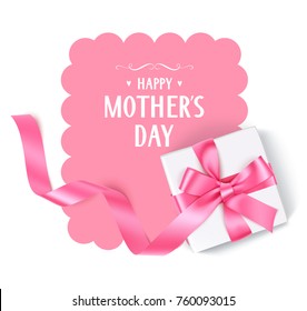 Happy Mothers Day. Vector Mother's Day template with gift box, pink bow and long ribbon. Holiday decoration