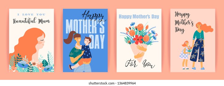 Happy Mothers Day. Vector templates with women and children. Design element for card, poster, banner, and other use.