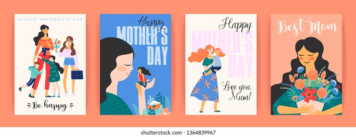 Happy Mothers Day. Vector templates with women and children. Design element for card, poster, banner, and other use.