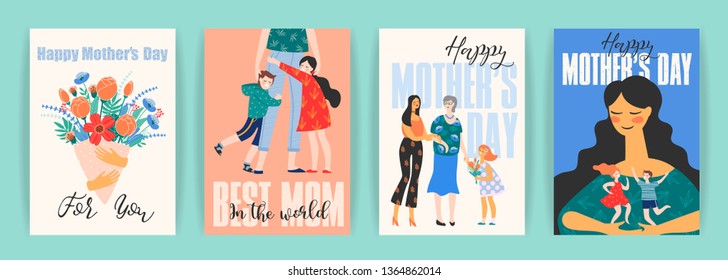 Happy Mothers Day. Vector templates with women and children. Design element for card, poster, banner, and other use.