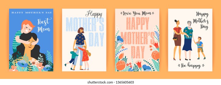 Happy Mothers Day. Vector templates with women and children. Design element for card, poster, banner, and other use.