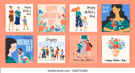 Happy Mothers Day. Vector templates with women and children. Design element for card, poster, banner, and other use.