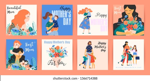 Happy Mothers Day. Vector templates with women and children. Design element for card, poster, banner, and other use.