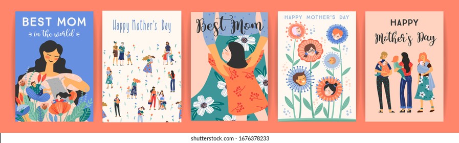 Happy Mothers Day. Vector templates with women and children. Design element for card, poster, banner, and other use.