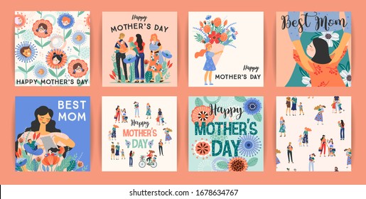 Happy Mothers Day. Vector templates with women and children. Design element for card, poster, banner, and other use.