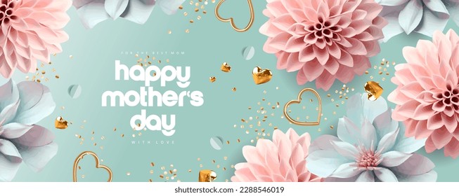 ¡Feliz Día de la Madre! Ilustraciones modernas 3d de flores, motivos florales, elementos dorados y corazón para tarjeta de saludo, banner o fondo
