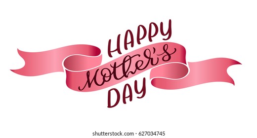 Happy Mothers Day vector vintage text on red ribbon background. Calligraphy lettering illustration EPS10.