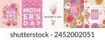 Happy Mother's Day. Vector watercolor modern elegant floral illustration of peony flower, rose, plant, bouquet, pattern, pink and purple geometric logo, leaf, for greeting card, invitation or poster