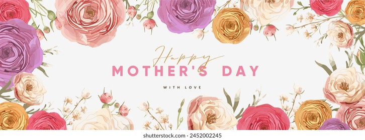 Happy Mother's Day. Vector watercolor cute elegant floral illustration of peony flower,frame, rose, plant, bouquet,  leaf, for greeting card, invitation or banner