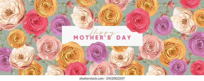 Happy Mother's Day. Vector watercolor cute elegant floral illustration of peony flower, pattern, rose, frame, bouquet,  leaf, for greeting card,frame, invitation or banner