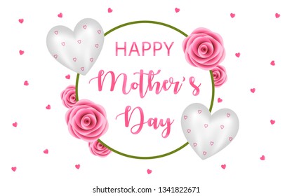 Happy Mother's Day vector wreath style in white background for greeting card, posters, banners, sale design, web and print marketing. Pink rose flowers and heart foil balloon design elements. 