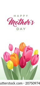 Happy mothers day vertical banner. Vector greeting card for social media, online stores, poster, stories. Text of happy mother's day. A bouquet of pink and yellow tulips on white background.