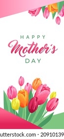 Happy mothers day vertical web banner. Vector card for social media, online stores, poster. Text of happy mother's day. Bouquet of red, pink and yellow tulips on a white background.