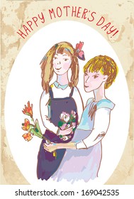 Happy mother's day vintage card with girls and flowers