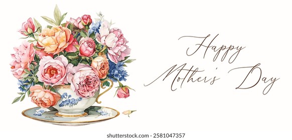 Happy Mother's Day vintage watercolor banner. Vintage bouquet of flowers in a ceramic cup with a gold handle and rim. Vector illustration for Mother's Day.