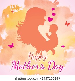 Happy Mothers Day, Mother's Day, Water Color Colour Grunge Texture Background with Butter fly, Shine Star and silhouette of Mother and Child Baby in abstract way. Abstract Vector EPS.