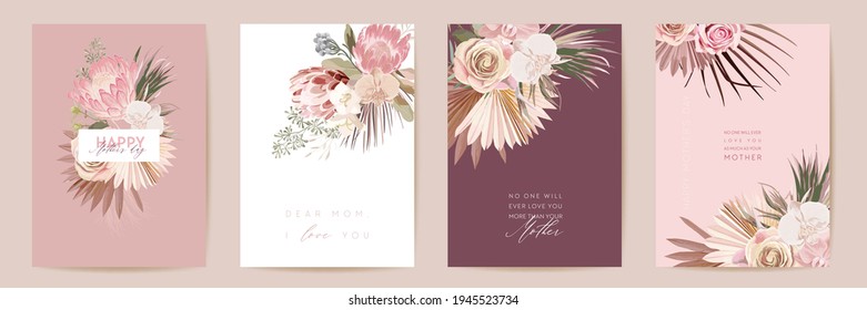 Happy Mothers day watercolor card set. Greeting mom minimal postcard design. Vector protea flowers, palm leaves template. Pampas grass frame. Spring flower mother typography. Woman modern brochure