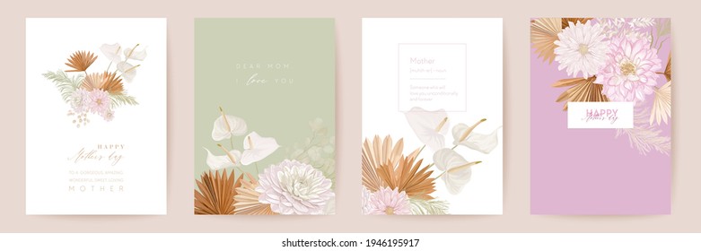 Happy Mothers day watercolor card set. Greeting mom minimal postcard design. Vector tropical flowers, palm leaves template. Pampas grass frame. Spring flower mother typography. Woman modern brochure