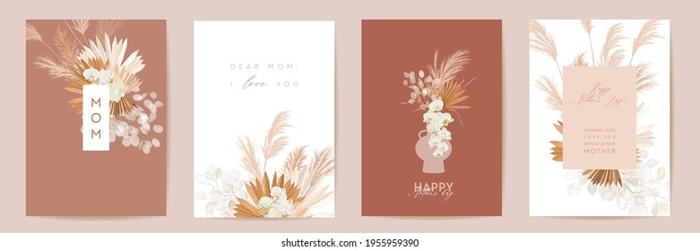 Happy Mothers day watercolor card set. Greeting mom minimal postcard design. Vector tropical flowers, palm leaves template. Pampas grass frame. Spring flower mother typography. Woman modern brochure