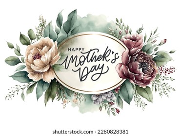 Happy Mother's Day Watercolor frame with vintage flowers for the holiday Wallpaper, invitation, posters, brochure, voucher discount, menu