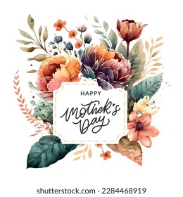 Feliz Día de la Madre Marco acuático con flores vintage para el fondo de escritorio de vacaciones, invitación, carteles, folleto, descuento de cupón, menú