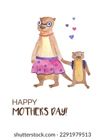 Happy mother's day watercolor poster. Mother's day poster with a mother and a baby otter.