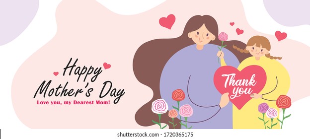 Happy Mother's Day web banner  Hand drawn mother & daughter holding heart shape 