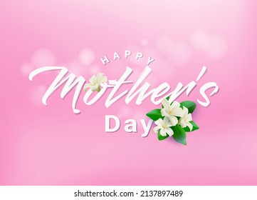 Happy Mothers Day with White flowers and leaves on light pink background. Template for International Mother's Day.