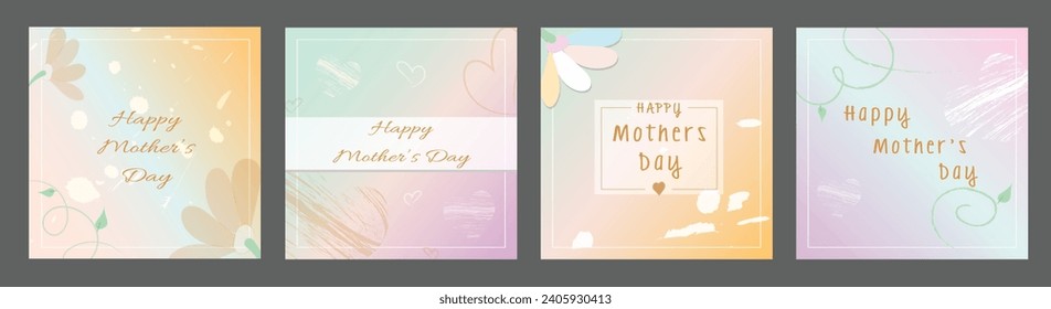 Happy Mother's Day Wishing Card Template Set with Pastel Watercolor Gradients and Floral Designs. Simple Minimalistic Cover, Banner, Flyer, Visual.