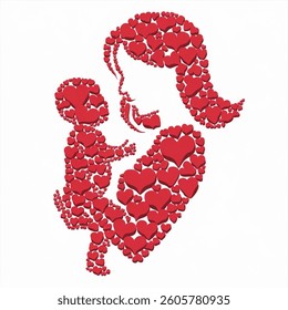 Happy Mother`s Day! Woman and baby made of hearts. vector illustration isolated on white background.