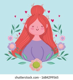 happy mothers day, woman with bun hair cartoon flowers decoration vector illustration