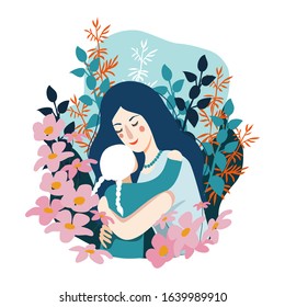Happy Mother's Day. Woman hugs her little daughter . Isolated Vector cute flat illustration