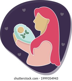 Happy Mother's Day. A woman with pink hair holds her baby in her arms. Vector illustration