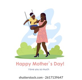 Happy mothers day. Woman swings girl on swing. Good relationships in family. Greeting postcard template. Romantic gift for mom. Holiday and festival. Flat vector illustration