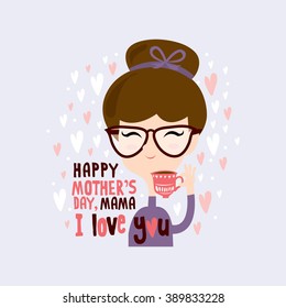 Happy mother's day/ Women having tea illustrations/ Cartoon design/ Hand drawn illustrations/ Love shape background design