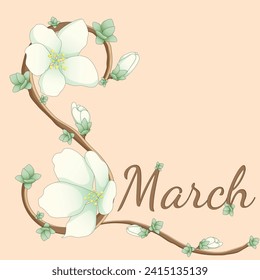 Happy Mothers Day, Women's Day and 8 March greeting card. Decorative composition with apple tree flowers and branch on orange background. Holiday poster, banner, flyer, brochure, greeting card. 