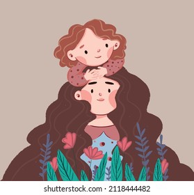 Happy mothers day. Happy womens day. Beautiful mother with her cute child. Little girl hugging her mother with a lot of love. Vector illustration