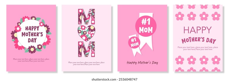 Happy Mothers Day, Womens Day and birthday card simple set with tags, flowers pattern, leaves, hand drawn floral art on pink background for vertical posters, web banners, covers, and social media