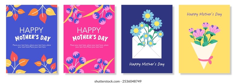 Happy Mothers Day, Womens Day and birthday card simple set with leaves, flowers, bouquet, hand drawn floral art on colorful background for vertical posters, web banners, covers, and social media