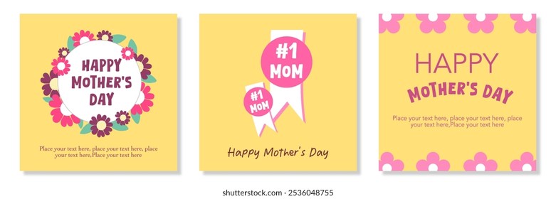 Happy Mothers Day, Womens Day and birthday card simple set with tags, flowers pattern, leaves, hand drawn floral art on yellow background for square posters, web banners, covers, and social media