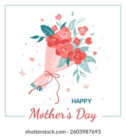 Happy Mother's Day! Happy Women's Day March 8. Vector cute illustration of a card with Bouquet of Flowers and Butterflies for greetings, invitation, poster, cover, banner, decoration