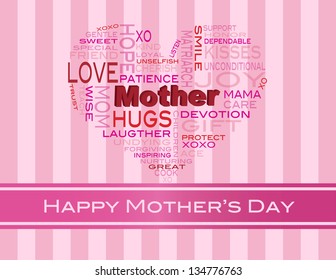 Happy Mothers Day Word Cloud in Heart Shape Silhouette on Pink Stripes Background Vector Illustration