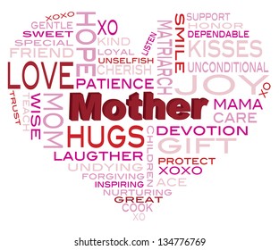 Happy Mothers Day Word Cloud in Heart Shape Silhouette Isolated on White Background Vector Illustration